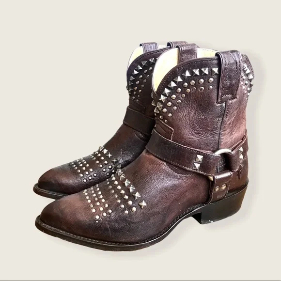 Frye Billy Biker Studded Brown Leather Harness Vintage Festival Moto Ankle Boots - Picture 5 of 9